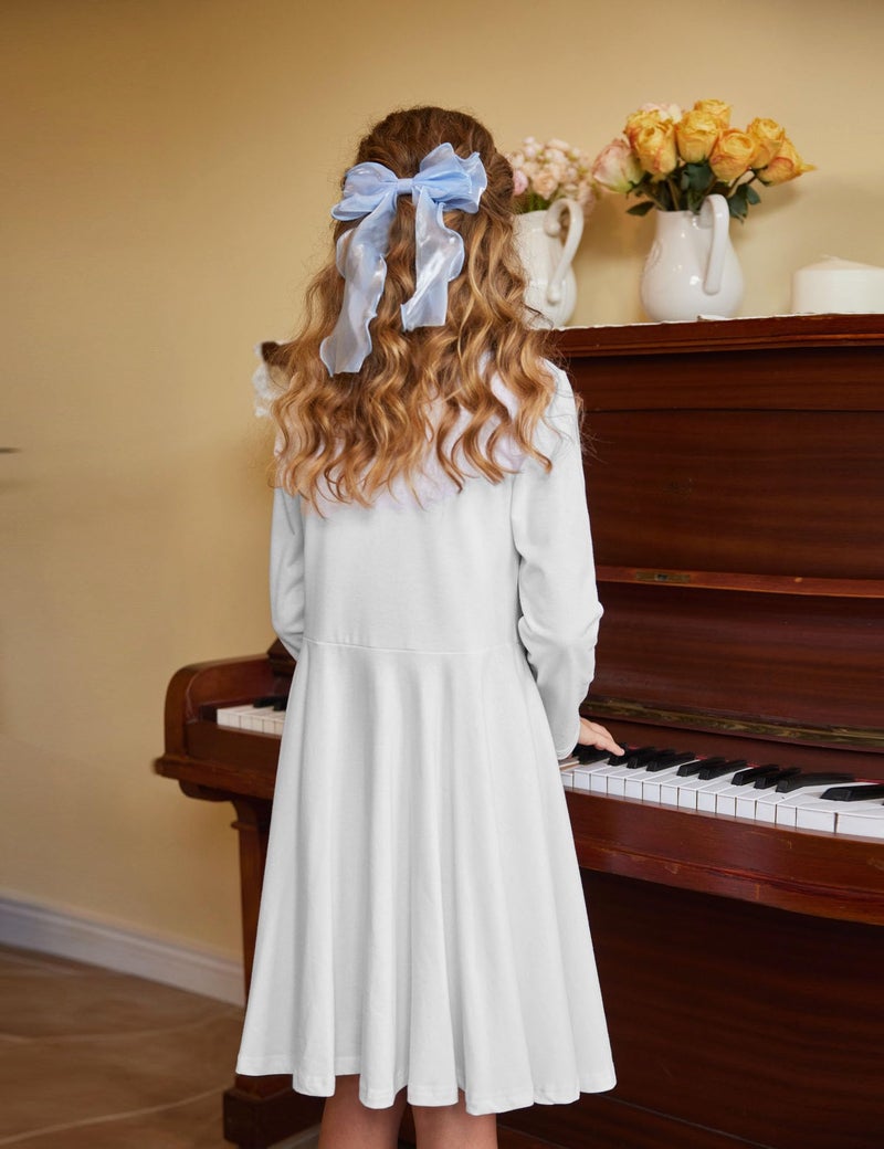Arshiner Girls Long Sleeve Stretchy Dress A line Twirly Skater School Party Dress White Tween 10 Years - Image 4